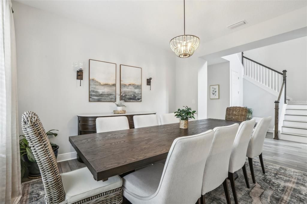 Dining room, Interior, Pendant Lights, Wood Texture Flooring