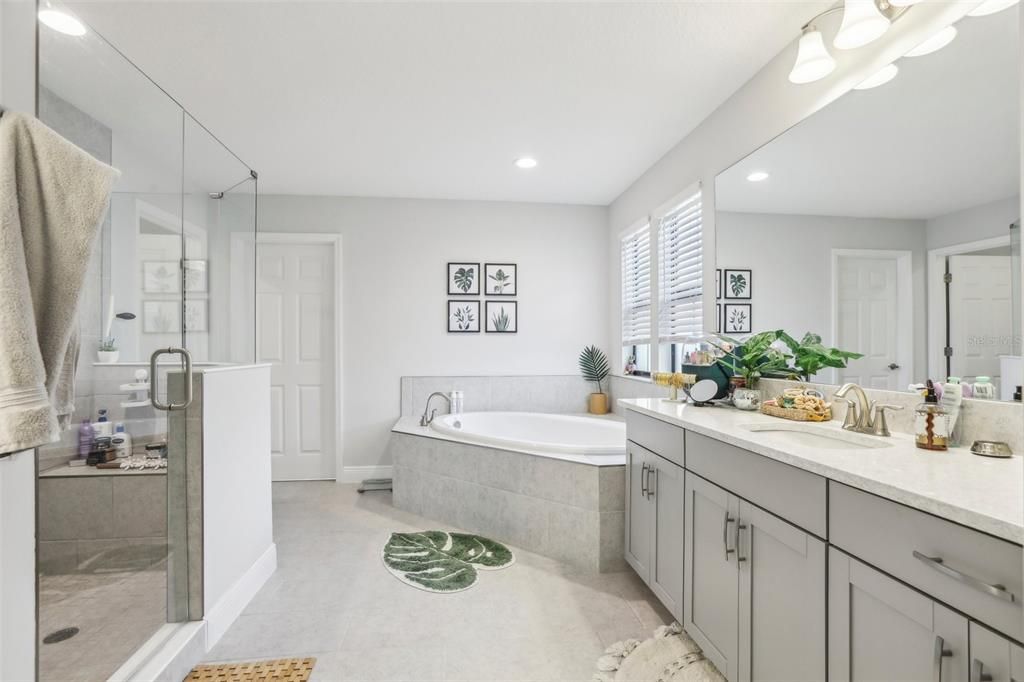 Bathroom, Dual Sink Vanities, Glass Shower, Interior, Recessed Lighting