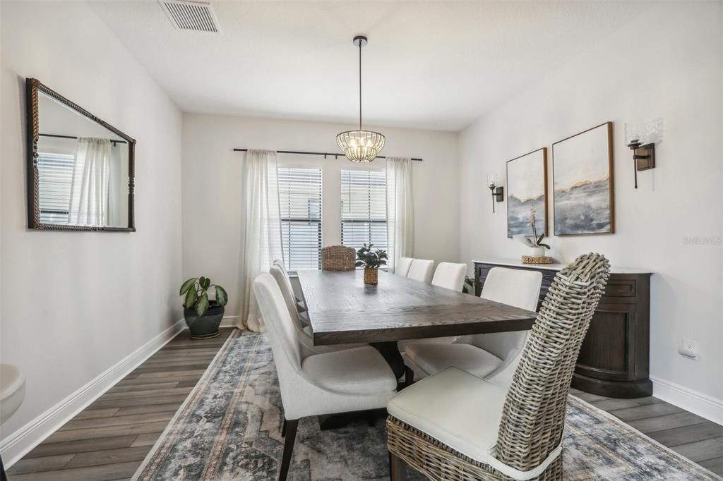 Dining room, Interior, Pendant Lights, Wood Texture Flooring