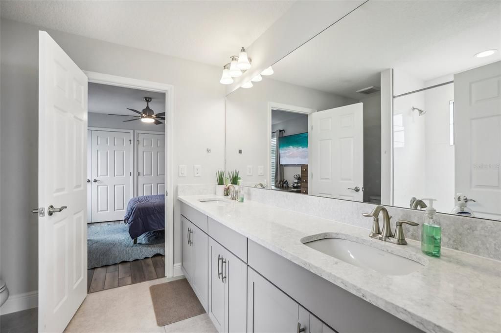 Bathroom, Bedroom, Dual Sink Vanities, Interior, Recessed Lighting, Wood Texture Flooring