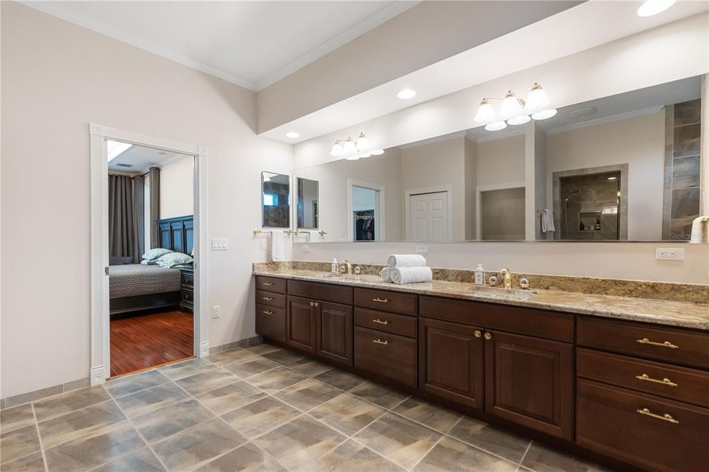 Bathroom, Bedroom, Dual Sink Vanities, Interior, Recessed Lighting, Wood Texture Flooring