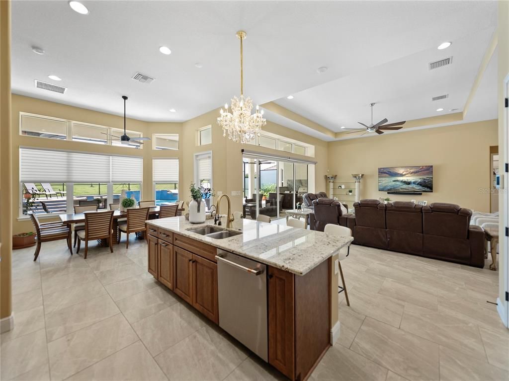 Chandelier, Dining room, Interior, Kitchen, Living room, Recessed Lighting, Stainless Steel Appliances