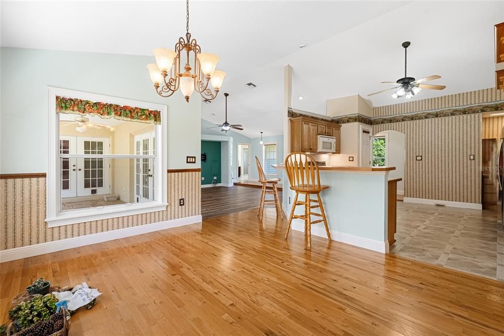 Chandelier, Interior, Kitchen, Recessed Lighting, Wood Texture Flooring