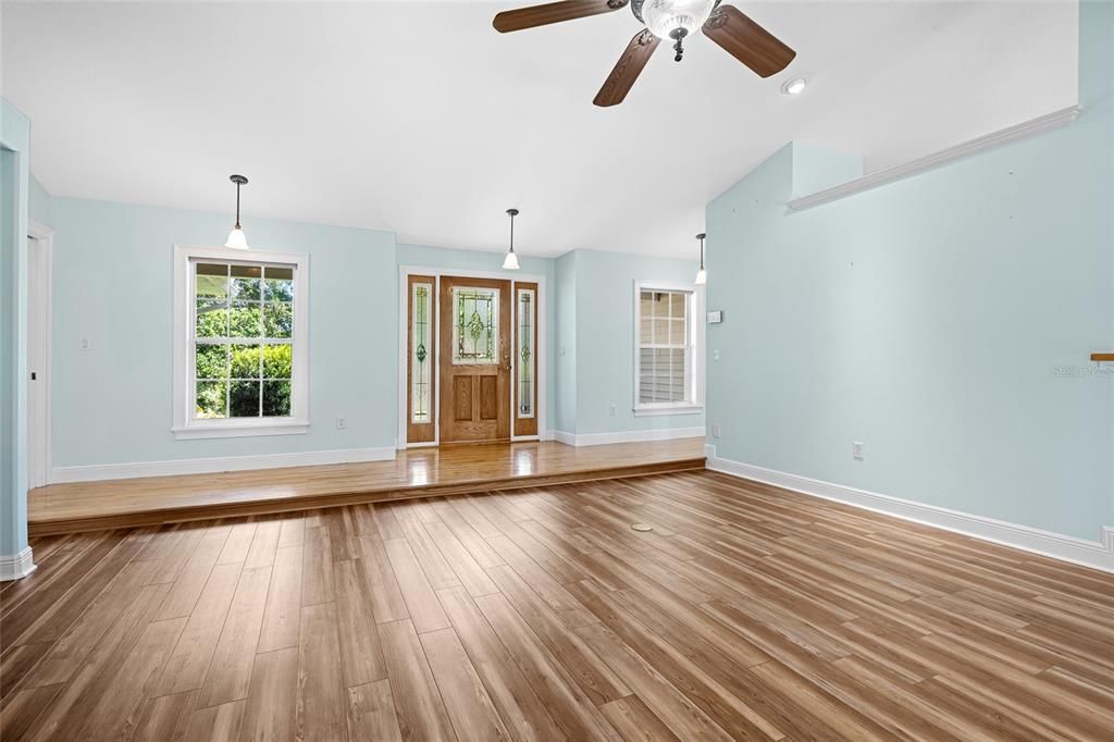 Empty room, Interior, Pendant Lights, Recessed Lighting, Wood Texture Flooring