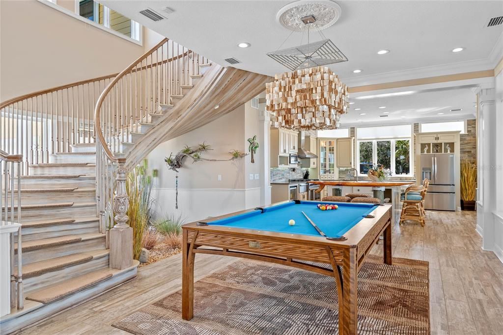 Billiard Table, Chandelier, Game Room, Interior, Kitchen, Pendant Lights, Recessed Lighting, Wood Texture Flooring