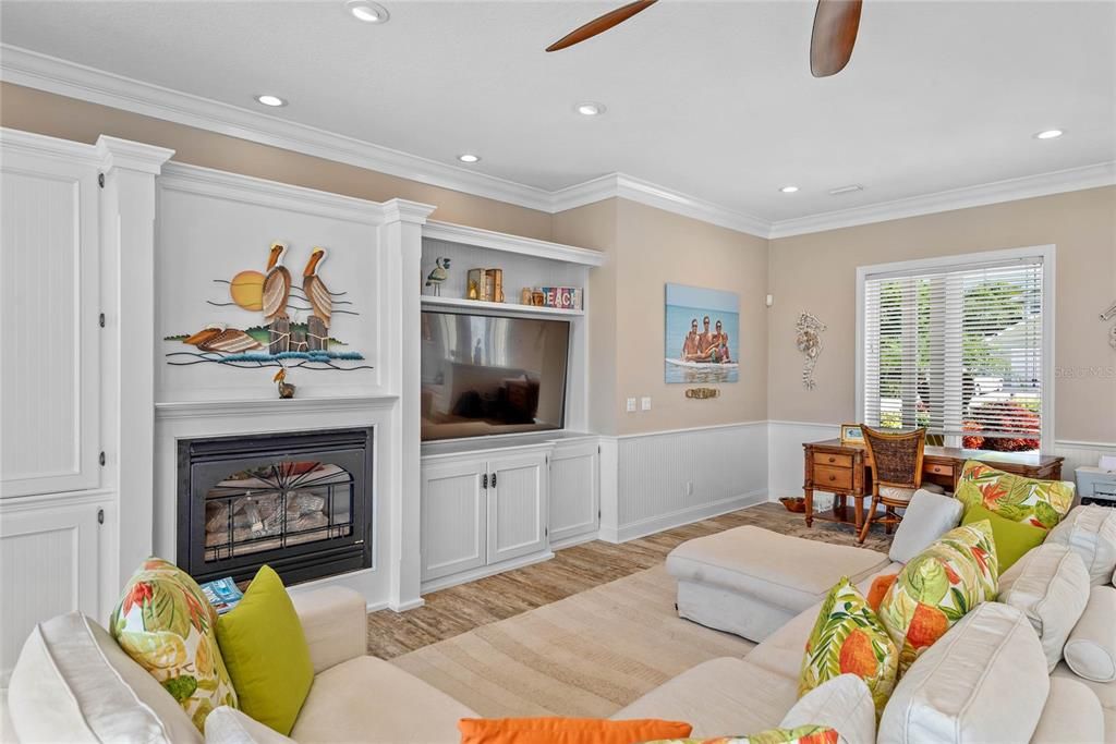 Dining room, Fireplace, Interior, Living room, Recessed Lighting, Wood Texture Flooring