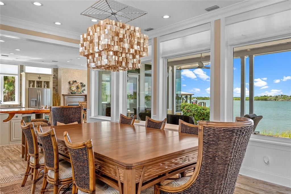 Chandelier, Dining room, Interior, Recessed Lighting, Water, Wood Texture Flooring