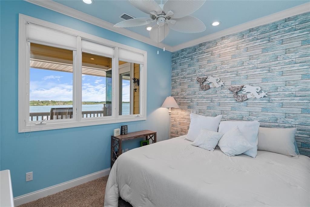 Bedroom, Interior, Recessed Lighting, Stone Walls, Water