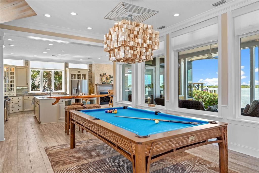 Billiard Table, Chandelier, Game Room, Interior, Recessed Lighting, Wood Texture Flooring