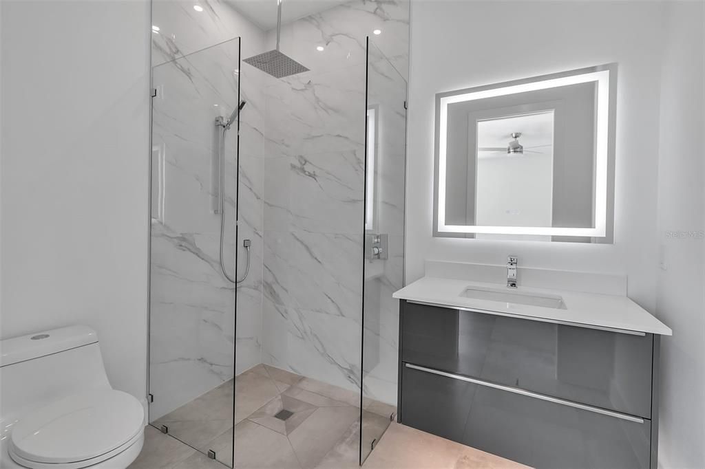 Bathroom, Glass Shower, Interior, Marble Walls, Recessed Lighting