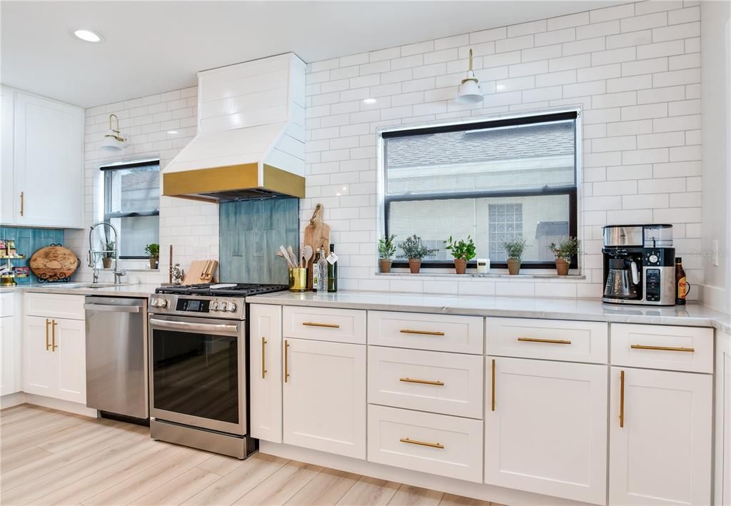 Interior, Kitchen, Recessed Lighting, Stainless Steel Appliances, Stone Walls, Wood Texture Flooring