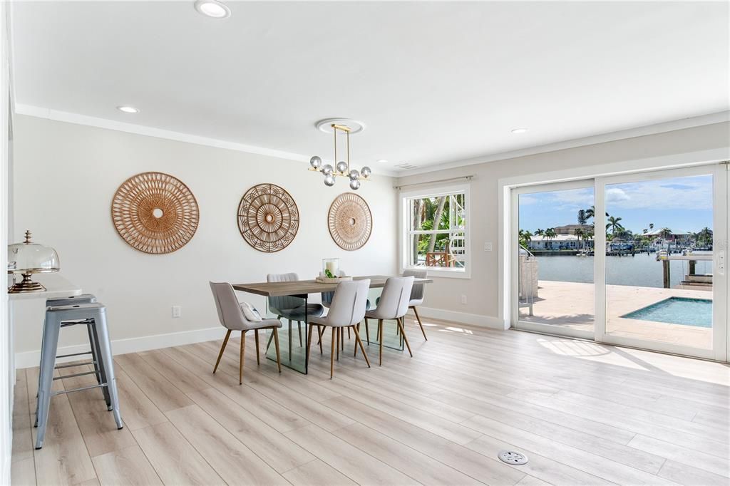 Dining room, Interior, Pendant Lights, Recessed Lighting, Water, Wood Texture Flooring