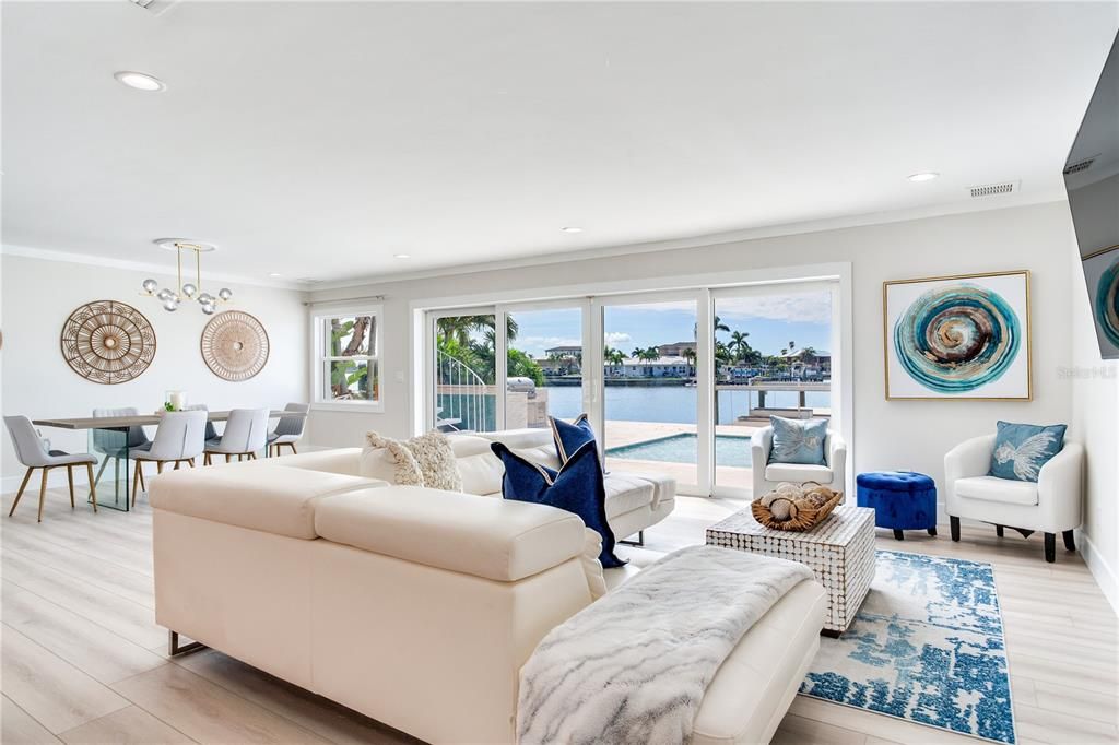 Dining room, Interior, Living room, Recessed Lighting, Water, Wood Texture Flooring