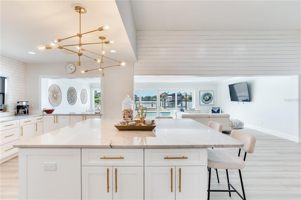 Interior, Kitchen, Living room, Pendant Lights, Recessed Lighting, Water, Wood Texture Flooring