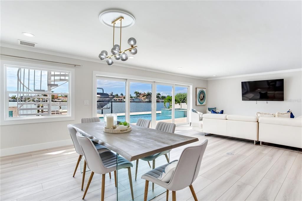 Dining room, Interior, Living room, Pendant Lights, Recessed Lighting, Water, Wood Texture Flooring