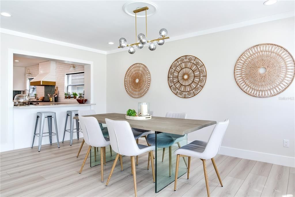 Dining room, Interior, Pendant Lights, Recessed Lighting, Wood Texture Flooring