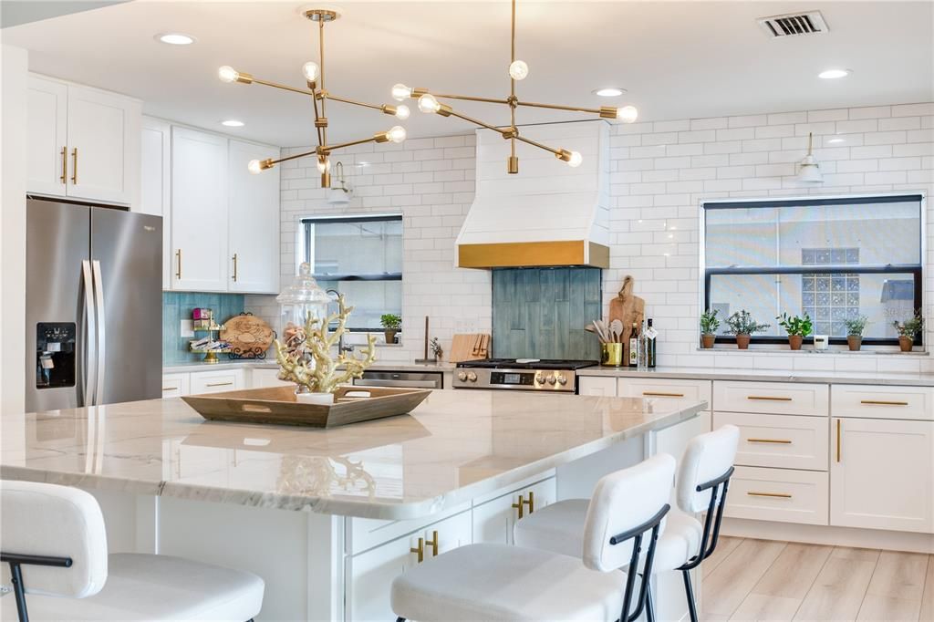 Interior, Kitchen, Pendant Lights, Recessed Lighting, Stainless Steel Appliances, Stone Walls, Wood Texture Flooring