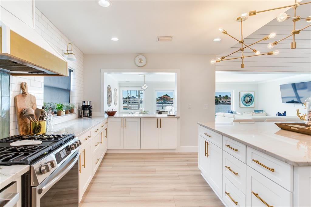 Interior, Kitchen, Pendant Lights, Recessed Lighting, Stainless Steel Appliances, Water, Wood Texture Flooring