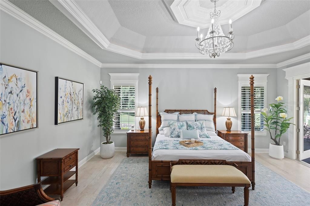 Bedroom, Chandelier, Interior, Wood Texture Flooring