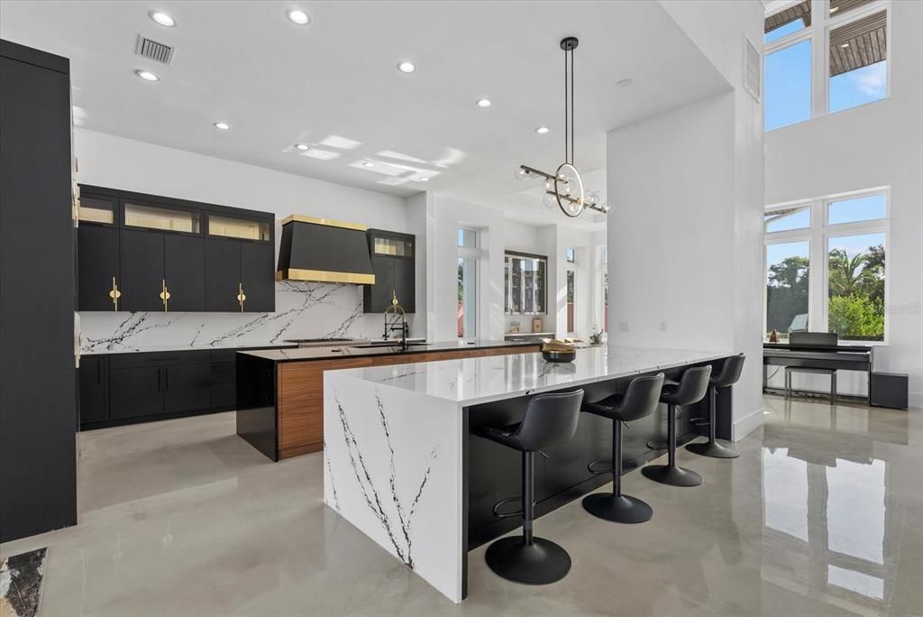 Interior, Kitchen, Marble Walls, Pendant Lights, Recessed Lighting