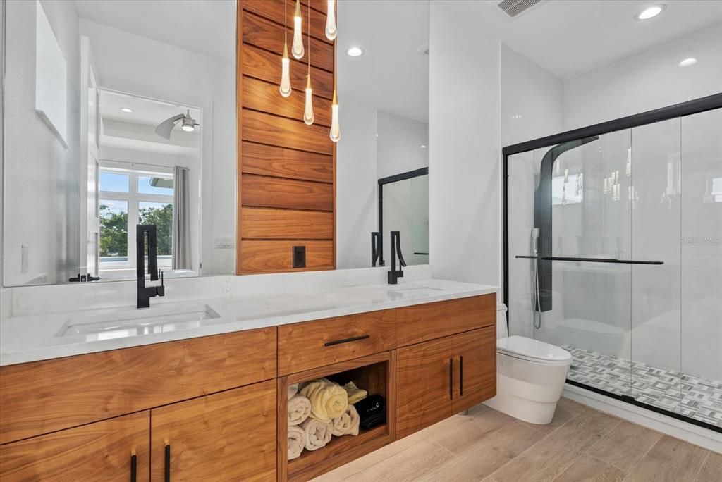 Bathroom, Dual Sink Vanities, Glass Shower, Interior, Recessed Lighting, Wood Texture Flooring