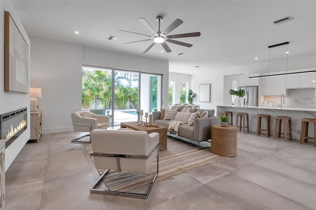 Fireplace, Interior, Kitchen, Living room, Pendant Lights, Recessed Lighting