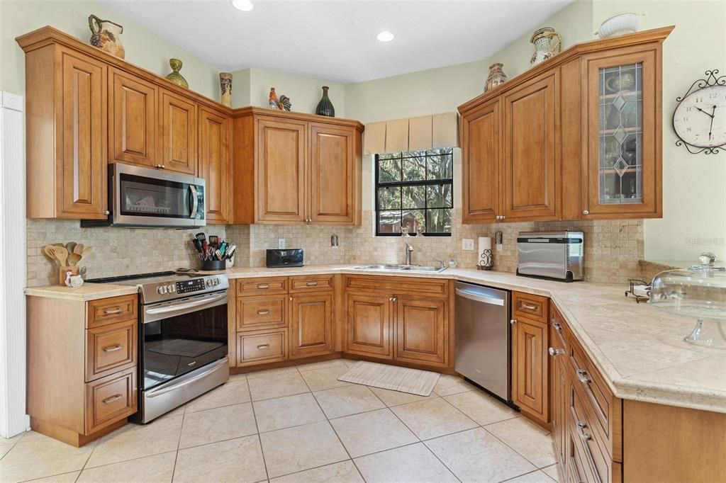 Interior, Kitchen, Recessed Lighting, Stainless Steel Appliances, Tile Countertops