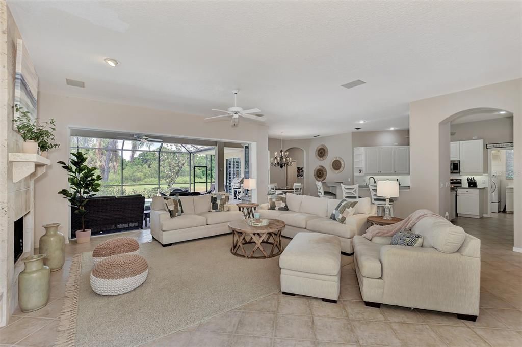 Chandelier, Dining room, Fireplace, Interior, Kitchen, Living room, Recessed Lighting