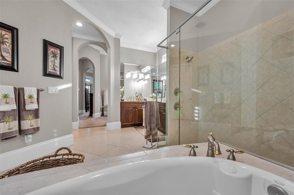 Bathroom, Dual Sink Vanities, Glass Shower, Interior, Recessed Lighting