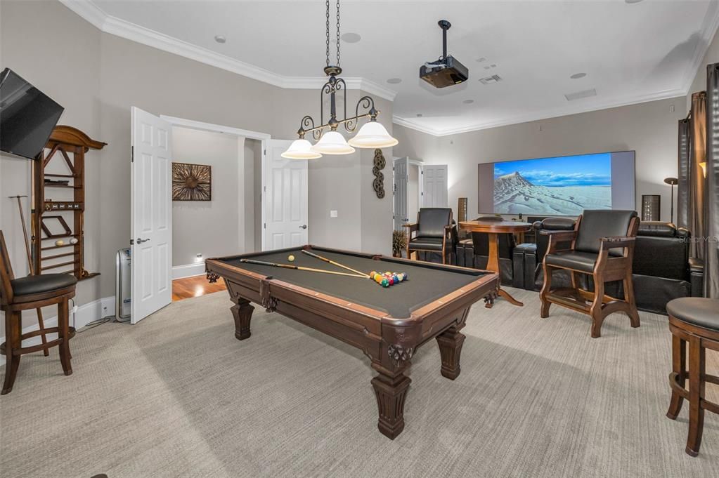 Billiard Table, Chandelier, Game Room, Interior, Pendant Lights, Recessed Lighting