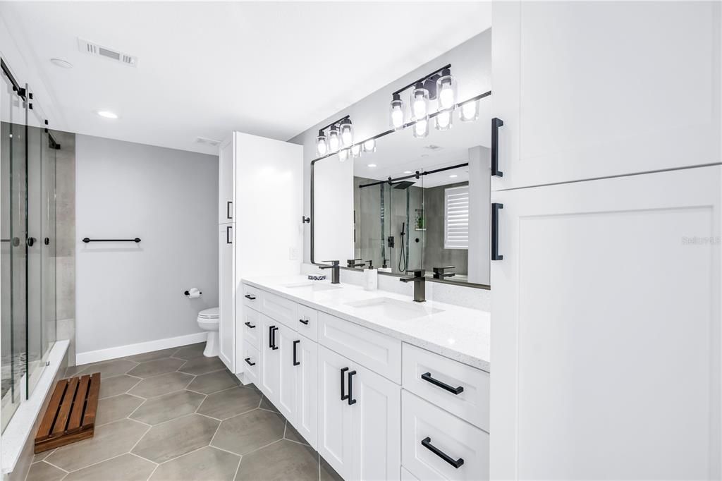 Bathroom, Dual Sink Vanities, Glass Shower, Interior, Recessed Lighting