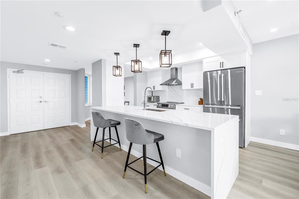 Interior, Kitchen, Pendant Lights, Recessed Lighting, Stainless Steel Appliances, Wood Texture Flooring