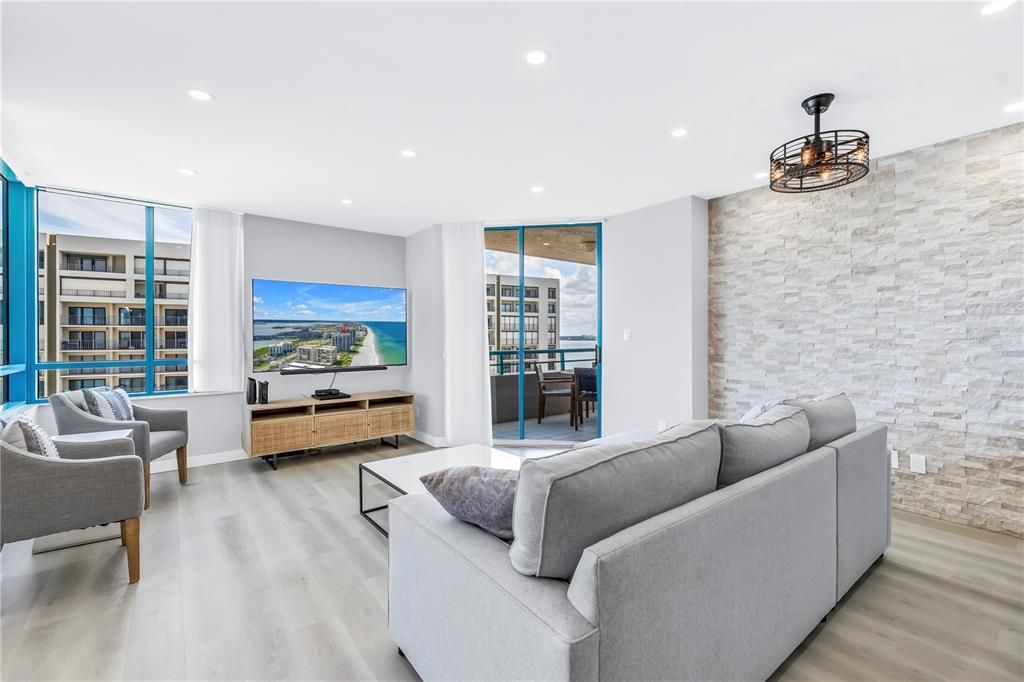 Interior, Living room, Recessed Lighting, Stone Walls, Wood Texture Flooring