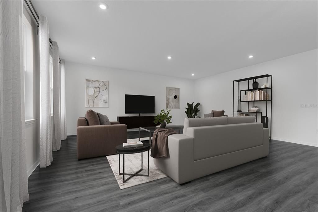 Interior, Living room, Recessed Lighting, Wood Texture Flooring