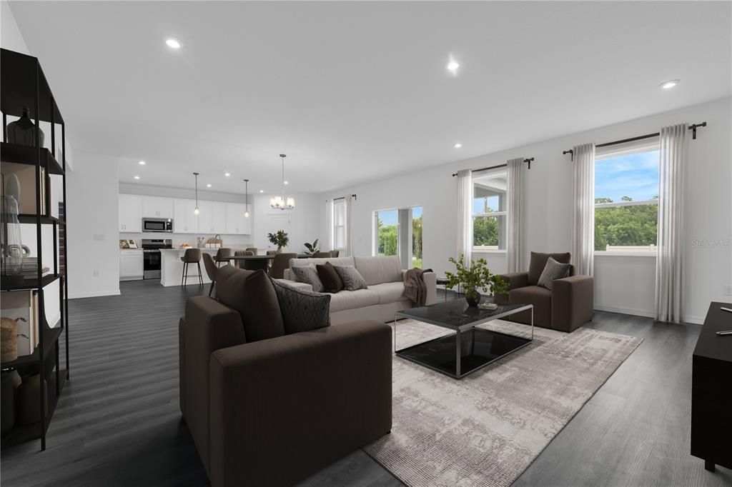 Dining room, Interior, Kitchen, Living room, Pendant Lights, Recessed Lighting, Stainless Steel Appliances, Wood Texture Flooring