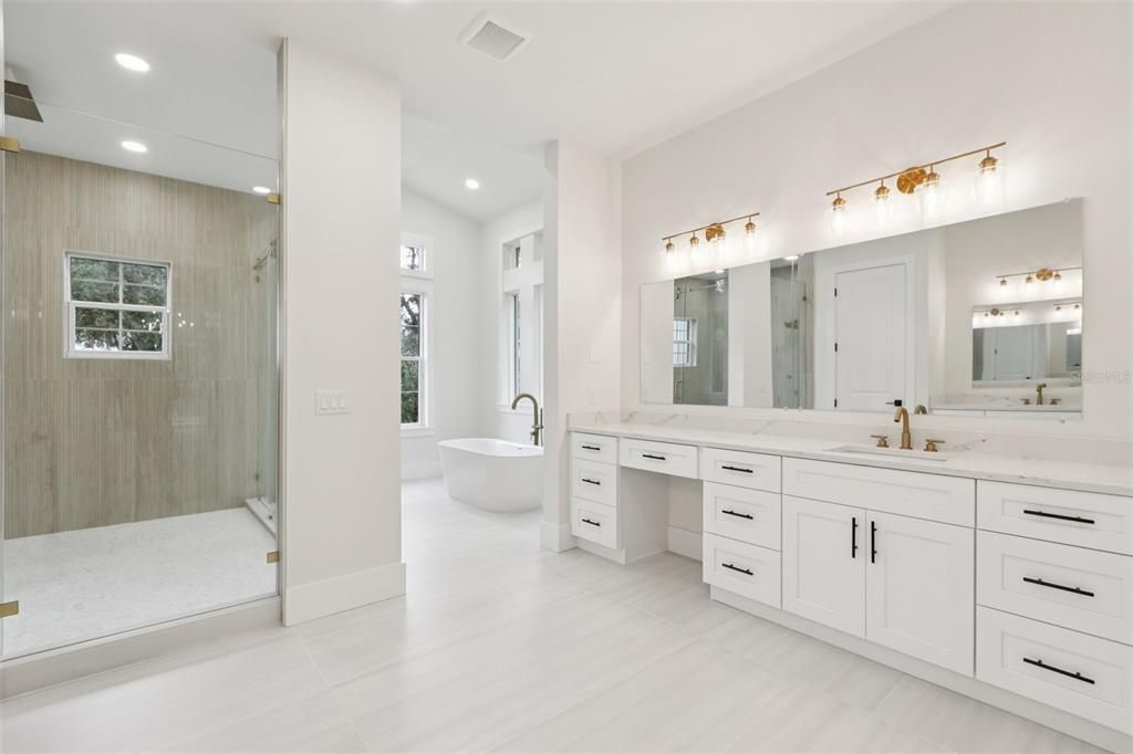 Bathroom, Dual Sink Vanities, Free Standing Baths, Interior, Recessed Lighting