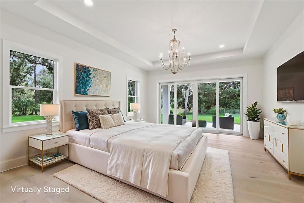 Bedroom, Chandelier, Interior, Recessed Lighting, Wood Texture Flooring