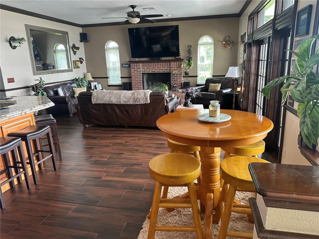 Dining room, Fireplace, Interior, Living room, Wood Texture Flooring