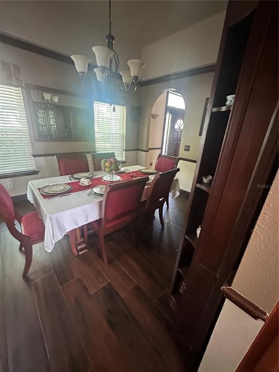 Chandelier, Dining room, Interior, Wood Texture Flooring