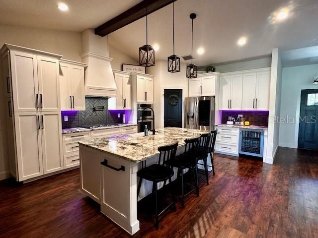Interior, Kitchen, Pendant Lights, Recessed Lighting, Stainless Steel Appliances, Wooden Beams, Wood Texture Flooring