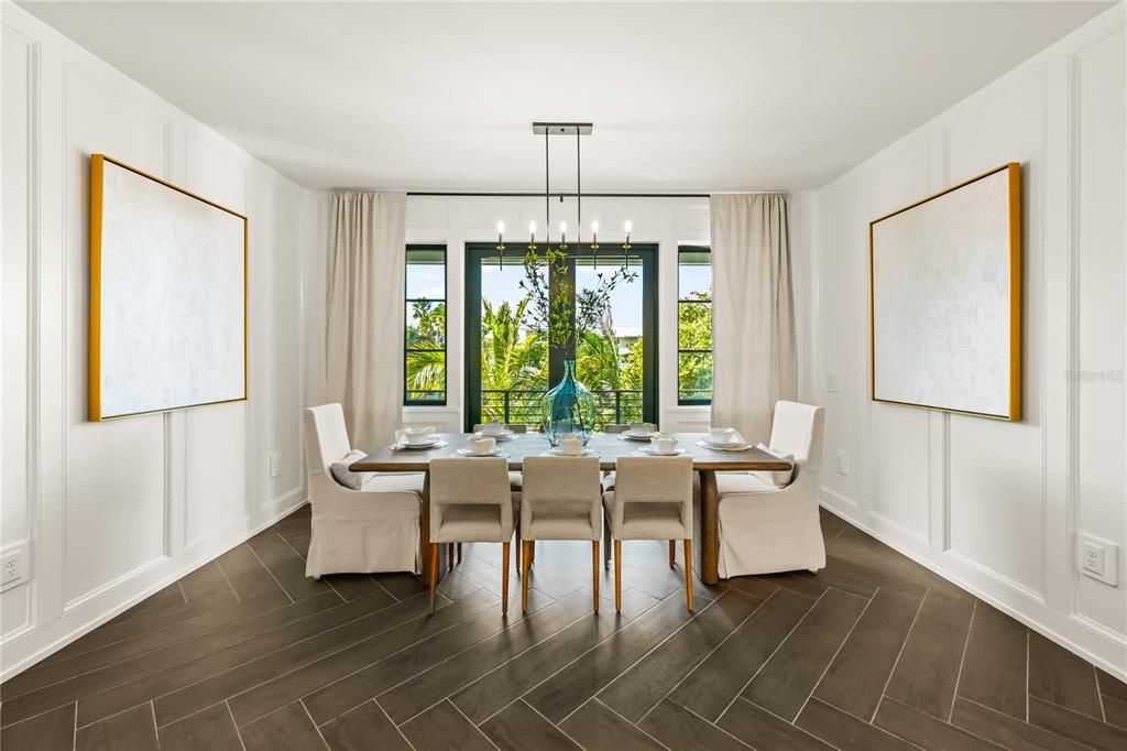 Dining room, Interior, Pendant Lights, Wood Texture Flooring