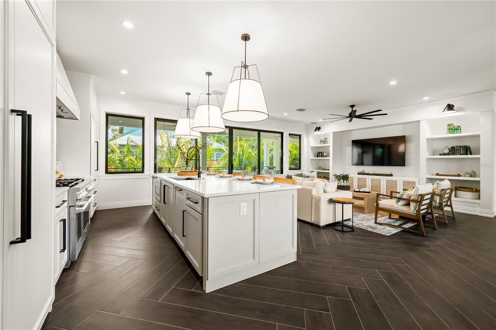 Interior, Kitchen, Living room, Pendant Lights, Recessed Lighting, Stainless Steel Appliances, Wood Texture Flooring
