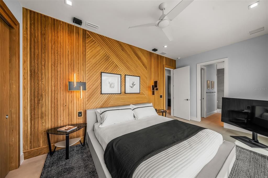 Bedroom, Interior, Recessed Lighting, Wooden Walls