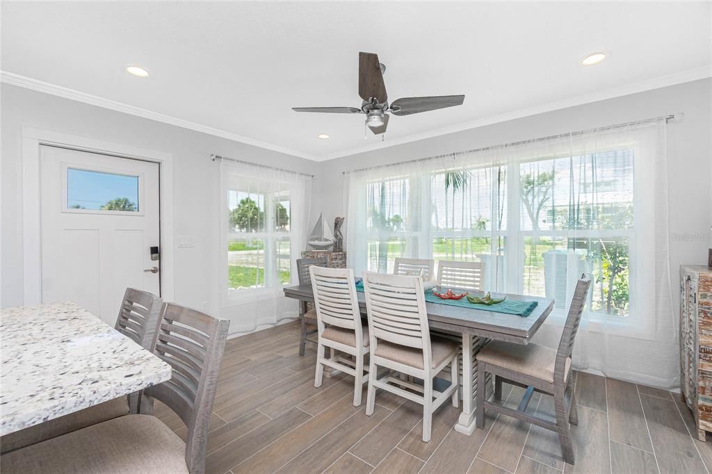 Dining room, Interior, Recessed Lighting, Wood Texture Flooring