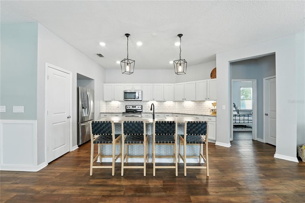 Interior, Kitchen, Pendant Lights, Recessed Lighting, Stainless Steel Appliances, Wood Texture Flooring