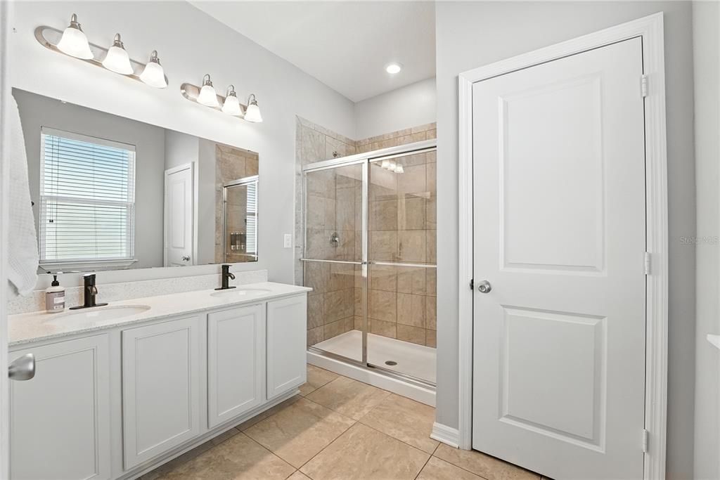 Bathroom, Dual Sink Vanities, Glass Shower, Interior, Recessed Lighting