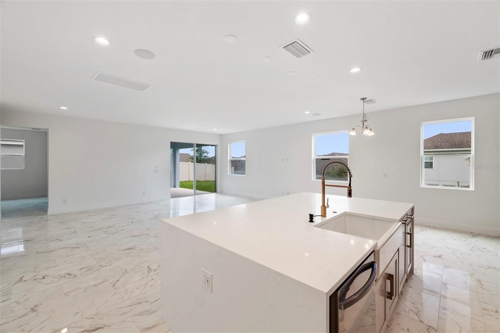 Interior, Kitchen, Marble, Pendant Lights, Recessed Lighting