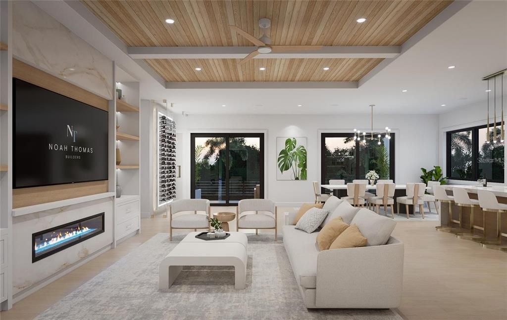 Dining room, Fireplace, Interior, Living room, Pendant Lights, Recessed Lighting, Wooden Ceilings, Wood Texture Flooring