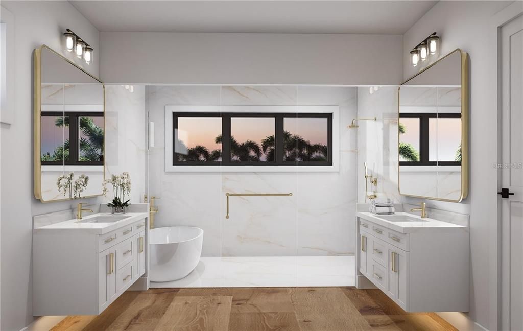Bathroom, Dual Sink Vanities, Free Standing Baths, Interior, Marble Walls, Wood Texture Flooring