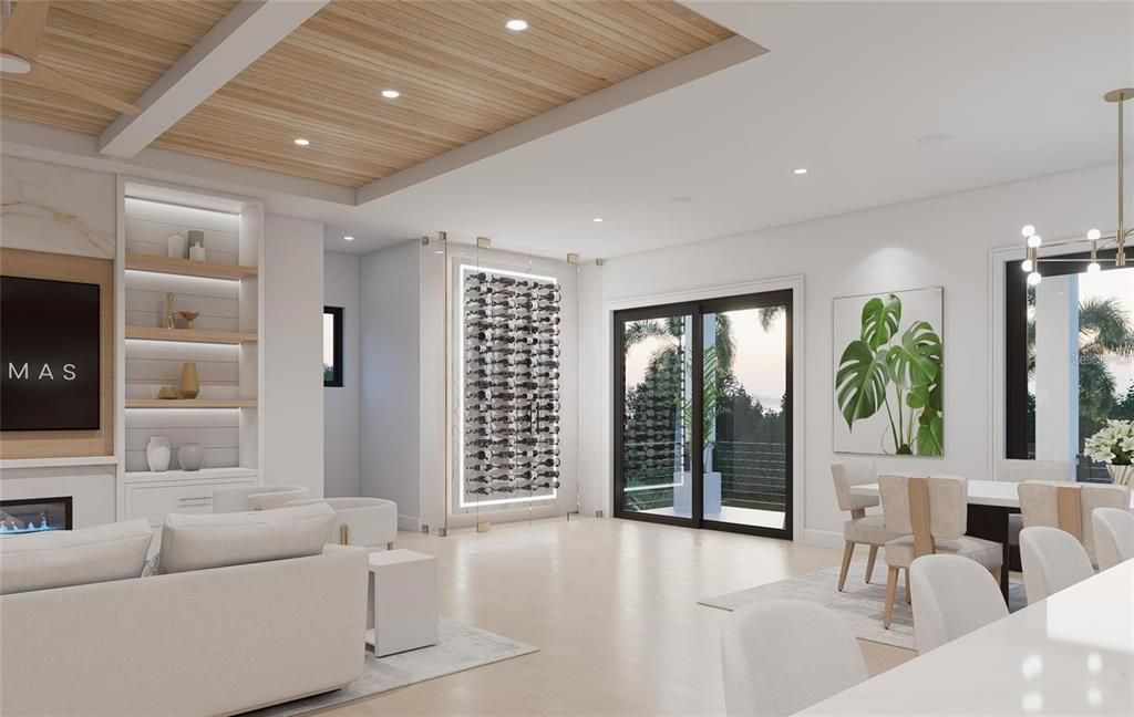 Dining room, Fireplace, Interior, Living room, Pendant Lights, Recessed Lighting, Wine Storage, Wooden Ceilings